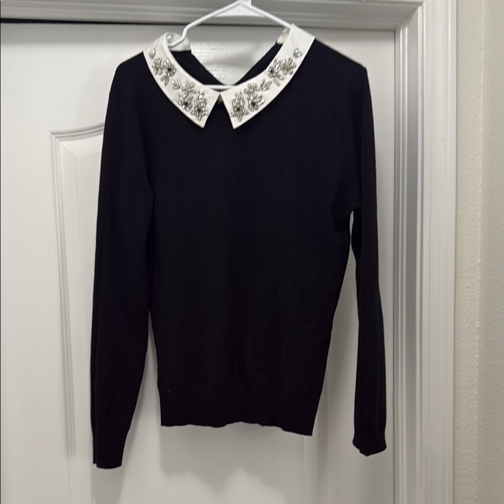 Milano Black and White Crew Neck Sweater with Embellished Collar